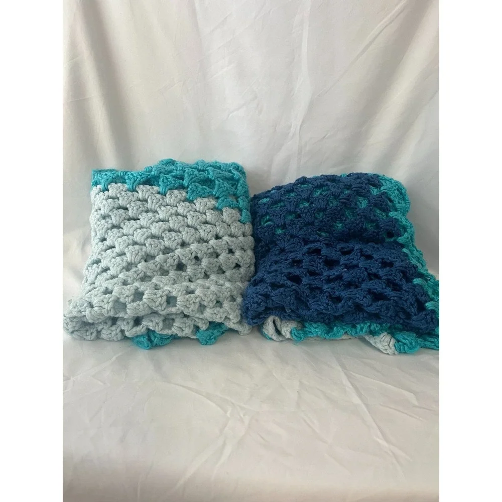 Handmade Crochet Granny Square Throw Blanket Blue White Teal Afghan Lap Blanket